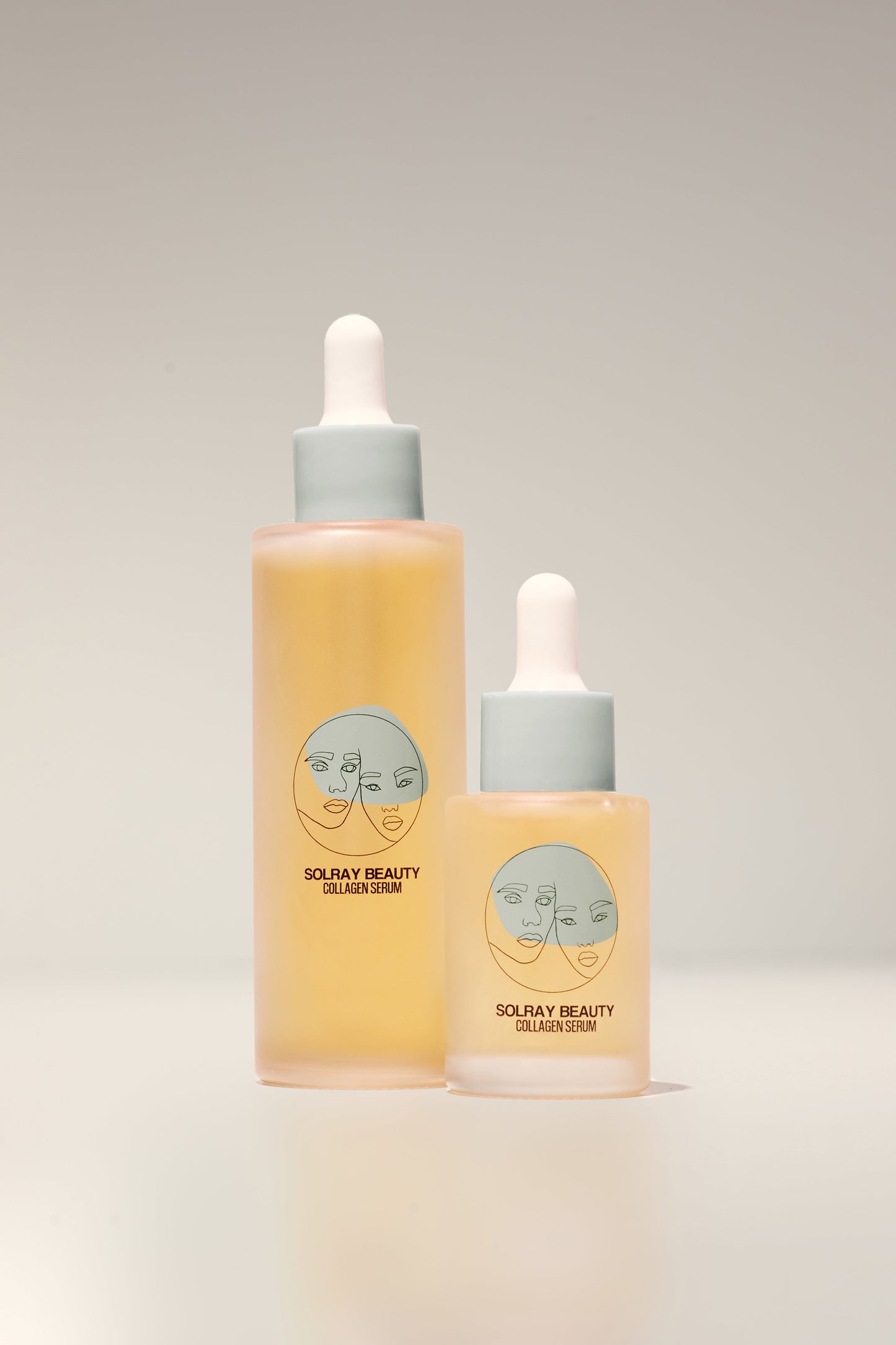 The Collagen Serum from SolRay Beauty in 30ml and 80ml bottles side by side, showing the size options available.