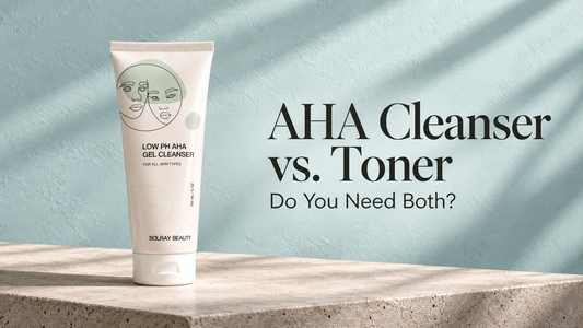 SolRay Beauty Low pH AHA Gel Cleanser on a concrete slab beside the headline “AHA Cleanser vs. Toner: Do You Need Both?”