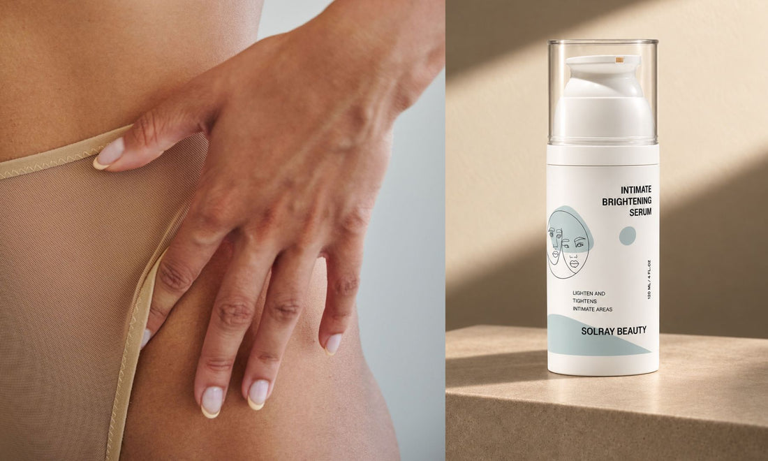 SolRay Beauty Intimate Brightening Serum beside a close-up of a woman’s hip in beige underwear.