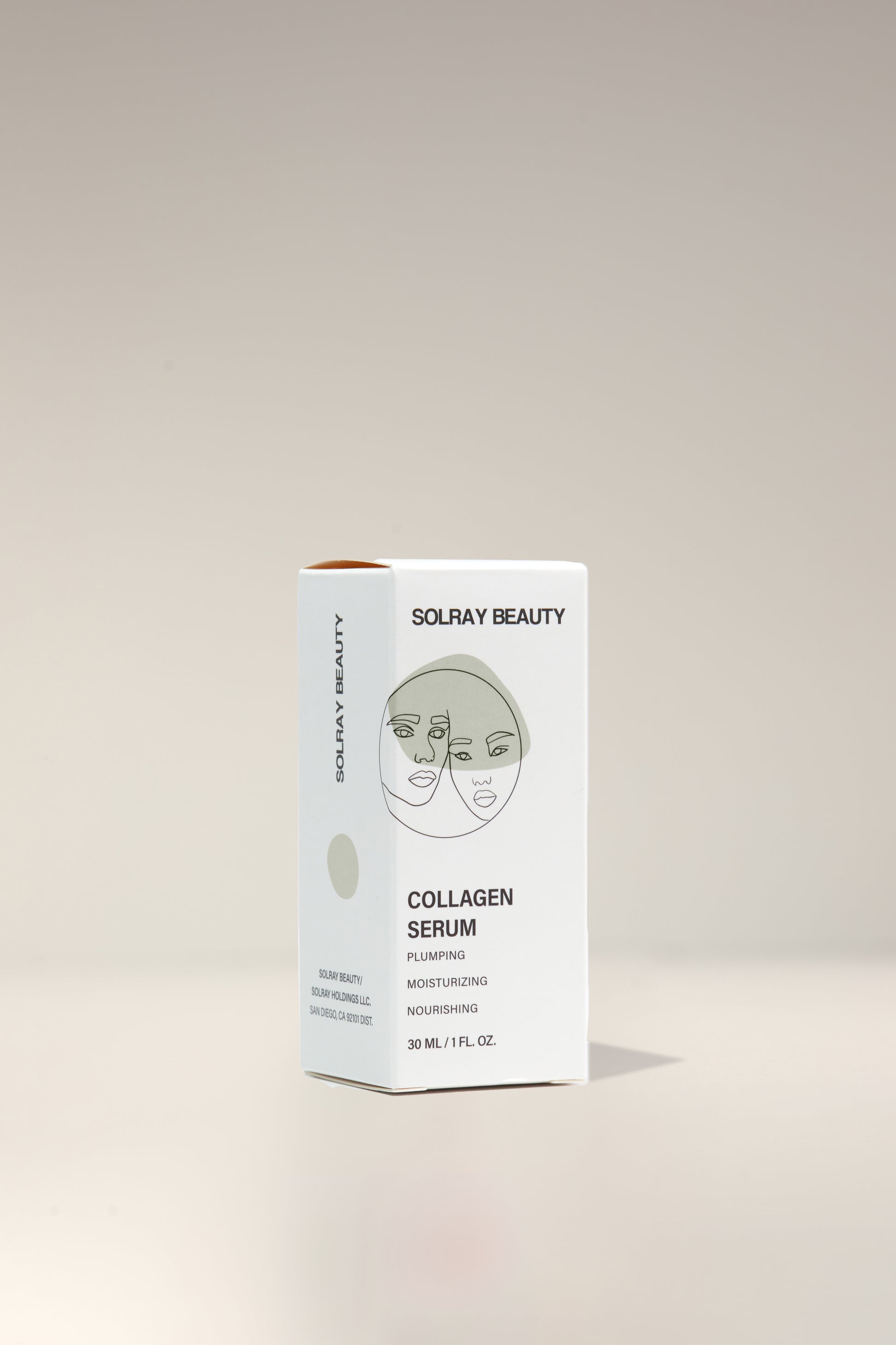 The box for SolRay Beauty's Collagen Serum, featuring the product name and key ingredients on the label.
